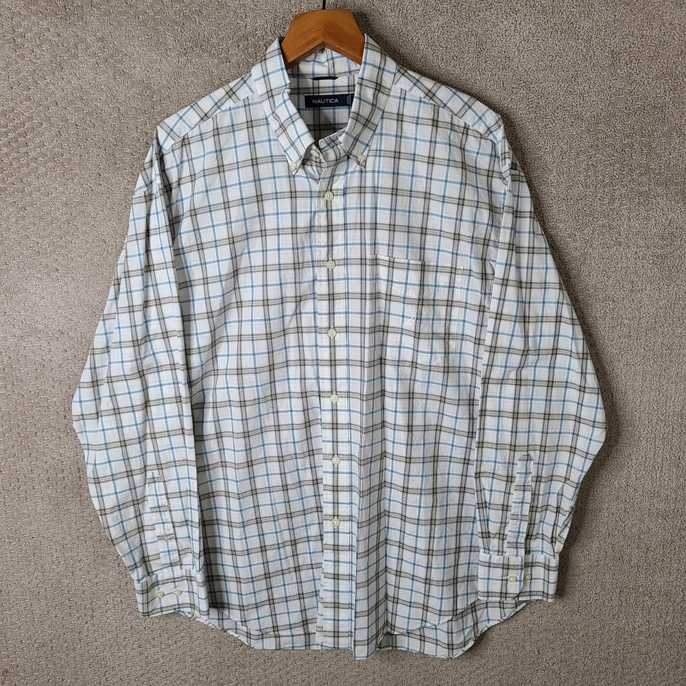 Nautica Shirt Mens XL White Blue Plaid Button Down Cotton Long Sleeve Casual